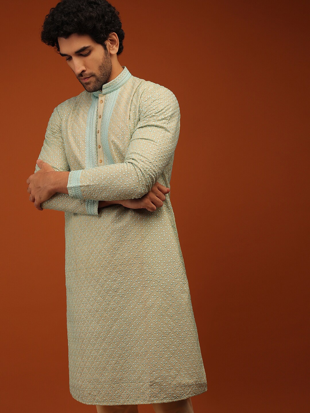 

KALKI Fashion Ethnic Motifs Embroidered Kurta with Churidar, Beige