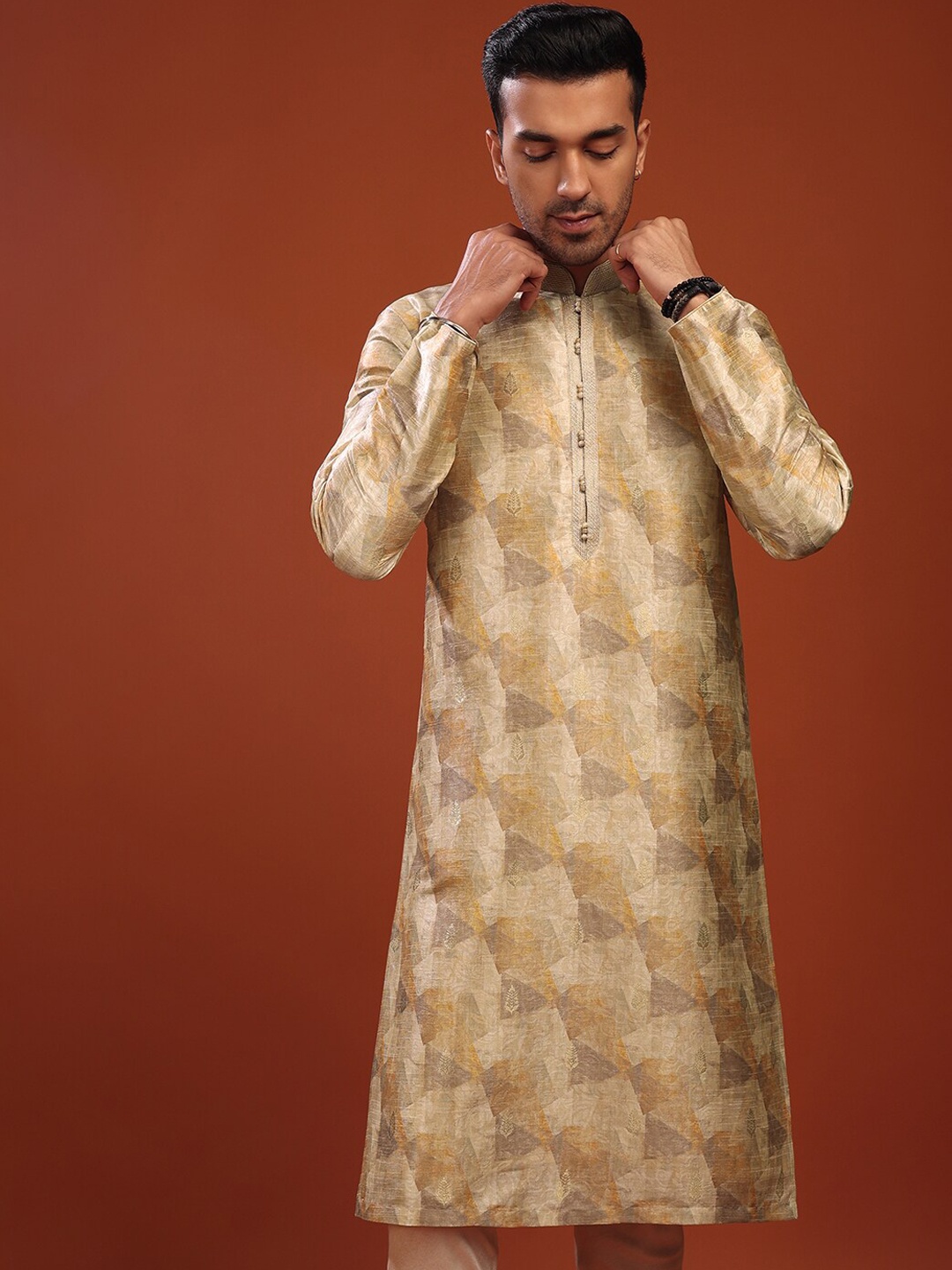 

KALKI Fashion Printed Mandarin Collar Pure Silk Kurta With Churidar, Yellow