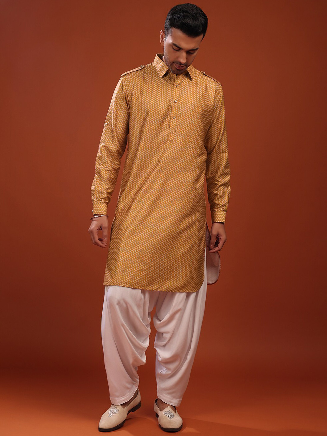 

KALKI Fashion Floral Printed Shirt Collar Pathani Kurta With Trouser & Nehru Jacket, Mustard