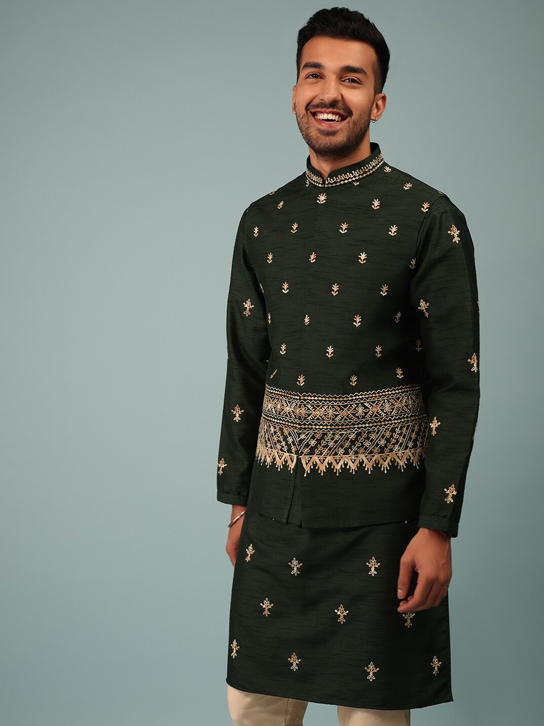 

KALKI Fashion Embroidered Mandarin Collar Raw Silk Kurta With Churidar & Jacket, Green