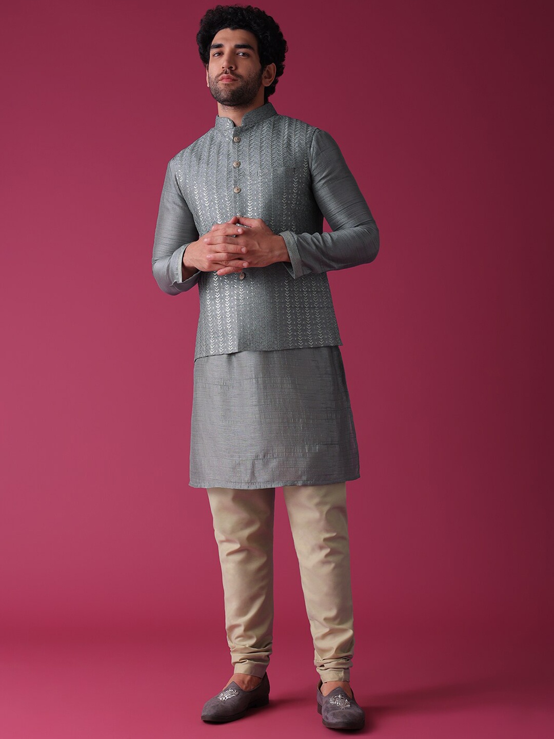 

KALKI Fashion Mandarin Collar Pure Silk Kurta with Churidar with Embroidered Nehru Jacket, Grey