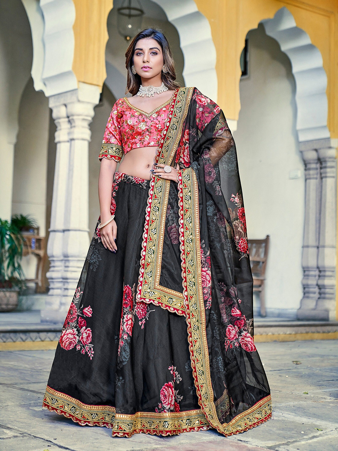 

LOOKNBOOK ART Black & Pink Embroidered Semi-Stitched Lehenga & Unstitched Blouse With Dupatta