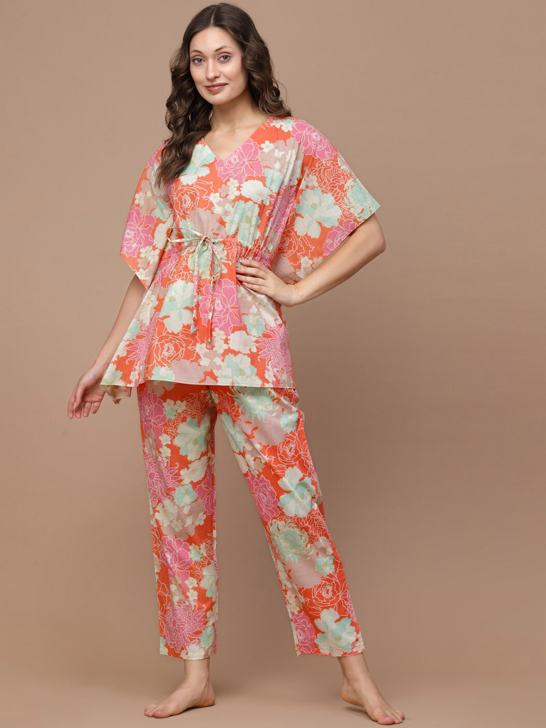 

Sweet Dreams Orange & Grey Floral Printed Pure Cotton Night Suit