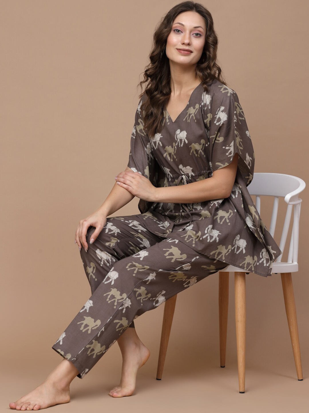 

Sweet Dreams Brown & Off White Conversational Printed Pure Cotton Night Suit