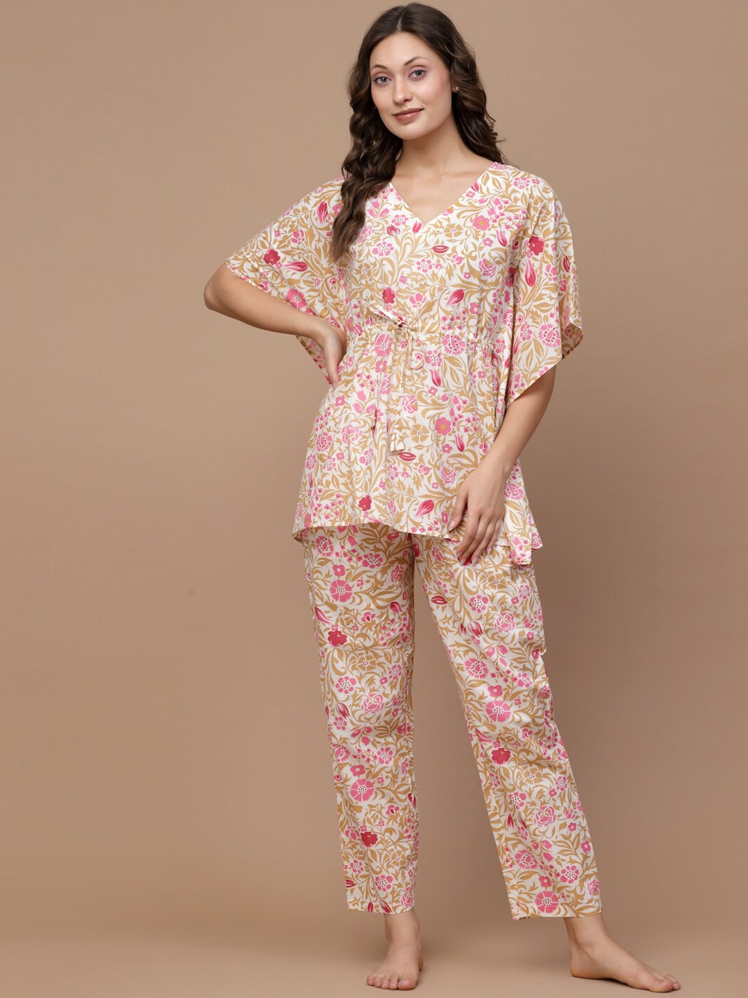 

Sweet Dreams Peach & White Floral Printed Pure Cotton Night Suit