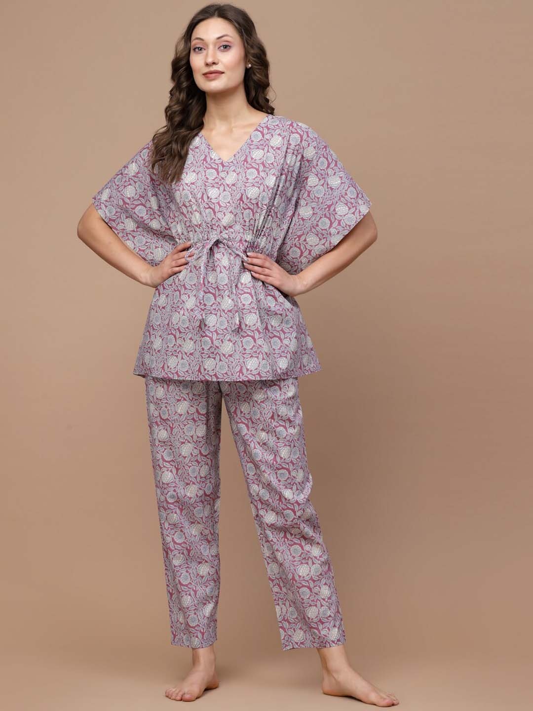 

Sweet Dreams Purple & Grey Floral Printed Pure Cotton Night Suit