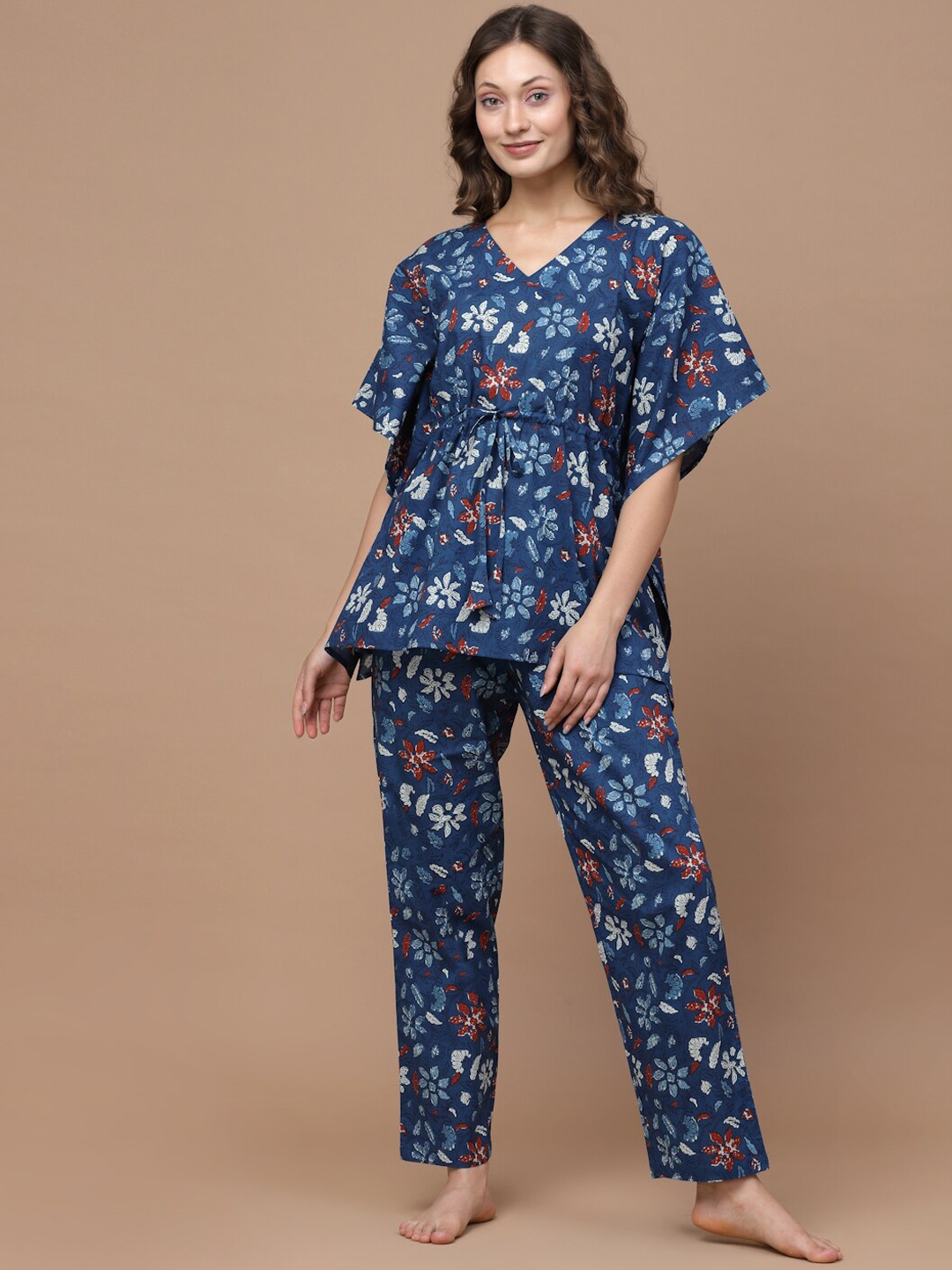 

Sweet Dreams Navy Blue & Red Floral Printed Pure Cotton Night Suit