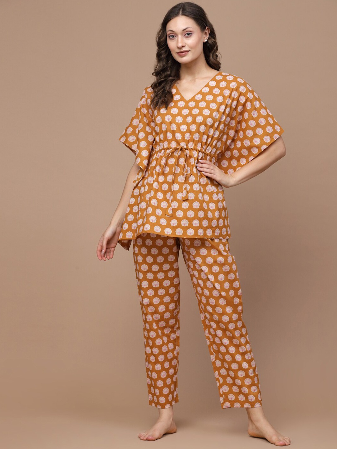 

Sweet Dreams Mustard & Pink Ethnic Motifs Printed Pure Cotton Night Suit