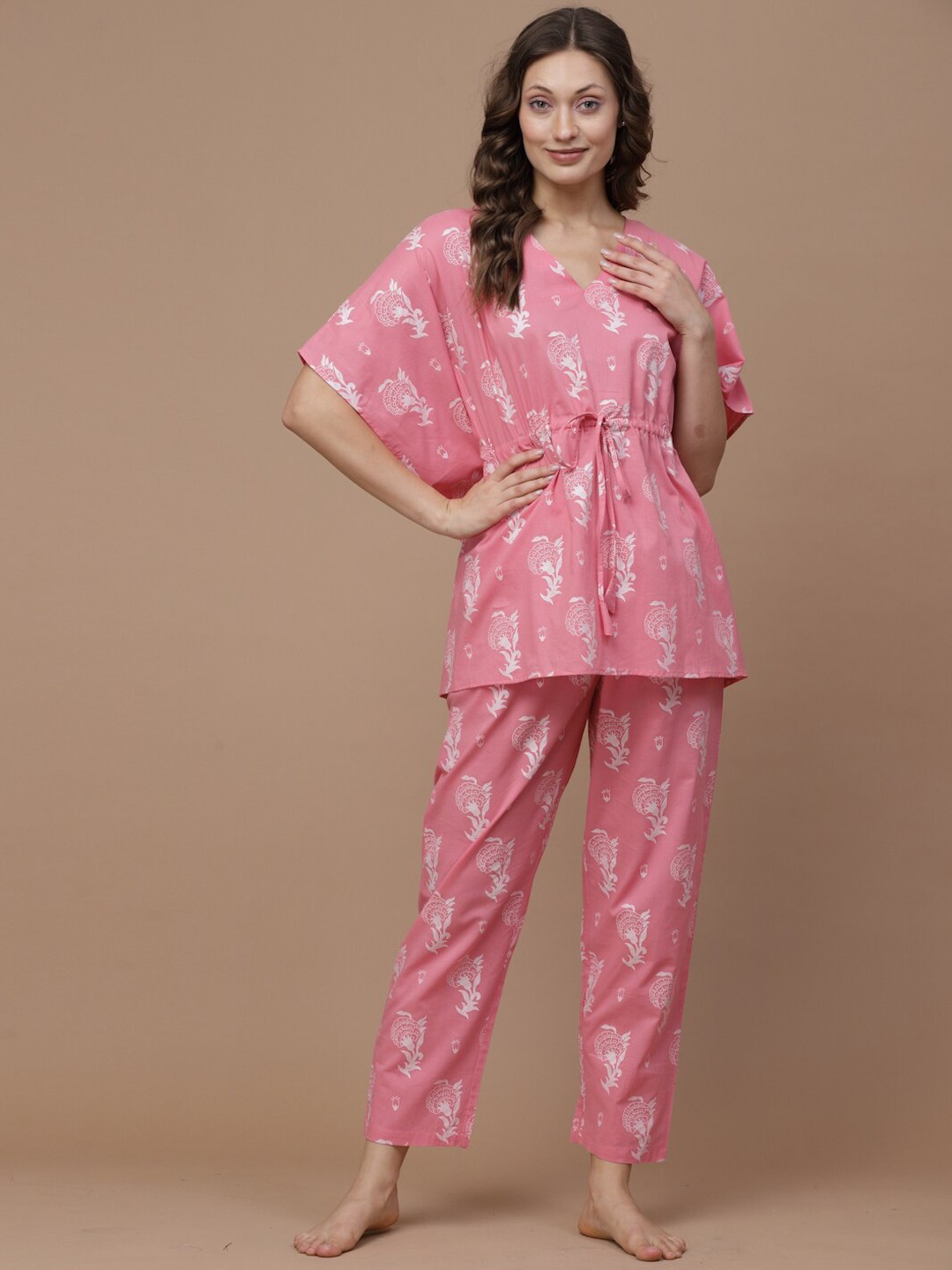 

Sweet Dreams Pink & White Floral Printed Pure Cotton Night Suit