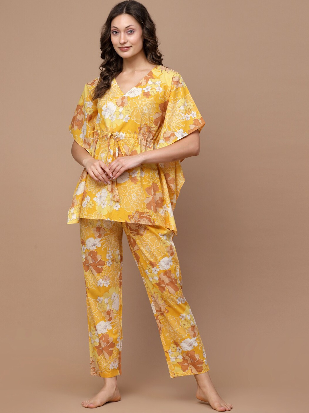 

Sweet Dreams Yellow & Off White Floral Printed Pure Cotton Night Suit