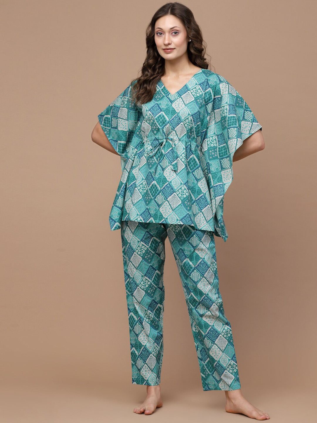 

Sweet Dreams Teal & White Geometric Printed Pure Cotton Night Suit