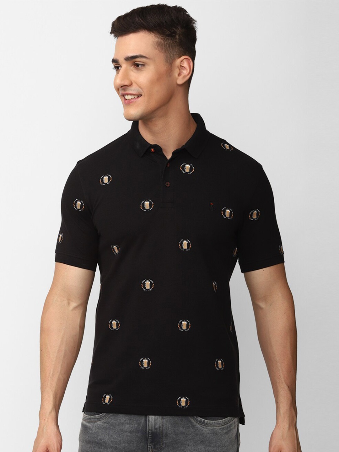 

SIMON CARTER LONDON Conversational Printed Polo Collar Slim Fit T-shirt, Black
