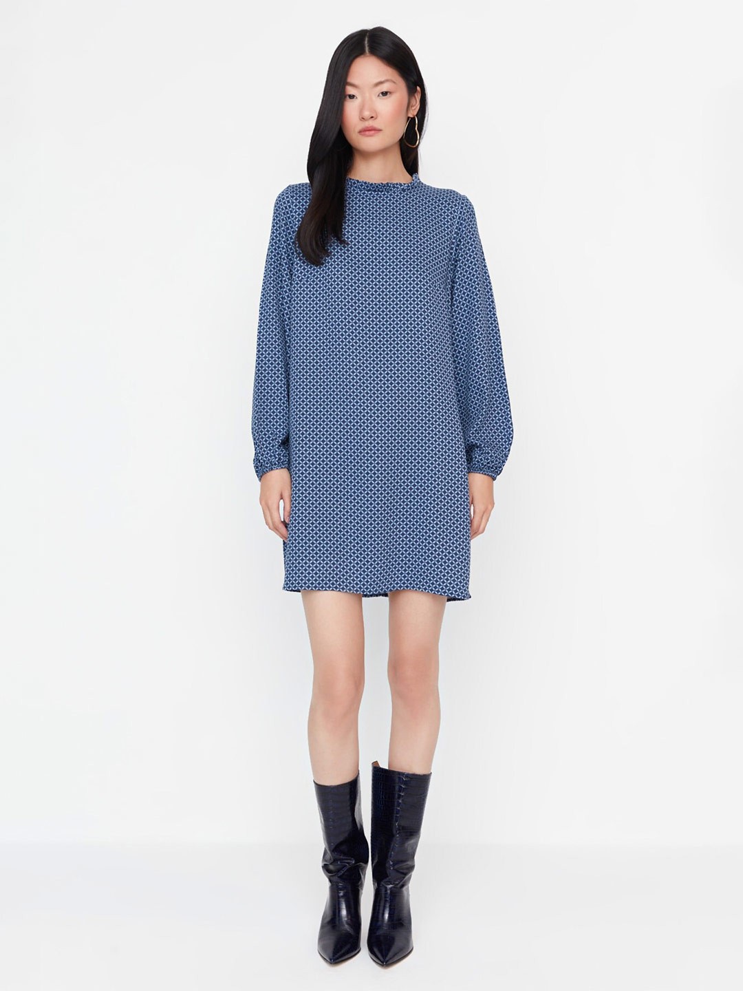 

Trendyol Printed High-Neck A-Line Dress, Blue