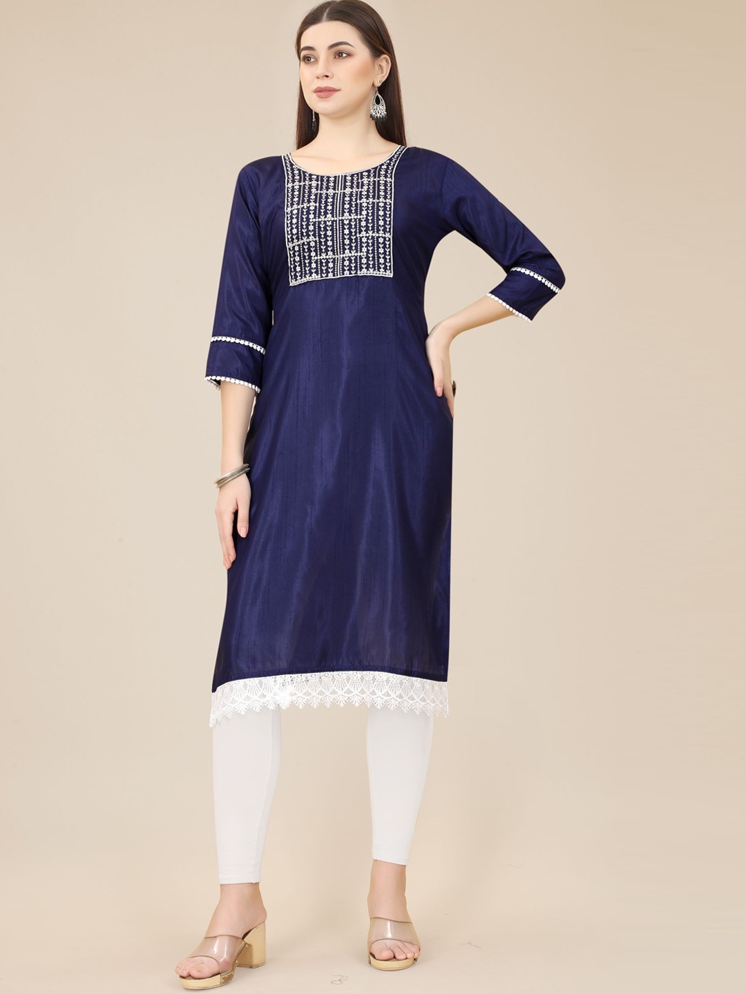

VAIRAGEE Ethnic Motifs Embroidered Straight Kurta, Navy blue