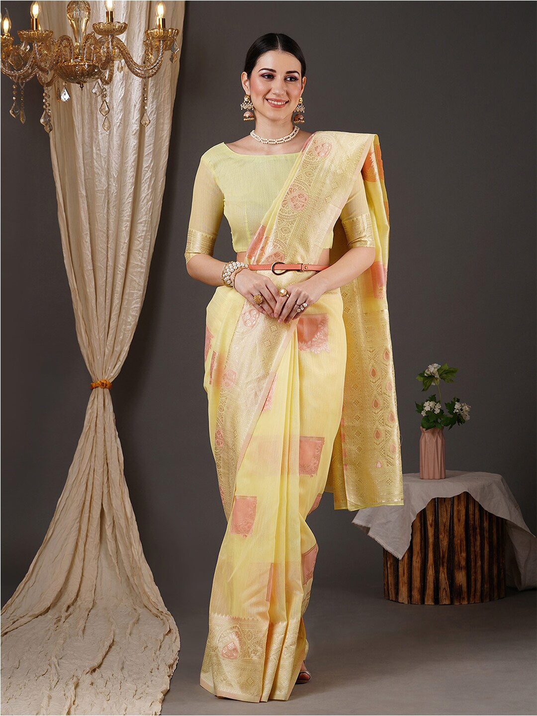 

Anouk Yellow & Pink Ethnic Woven Design Zari Banarasi Saree