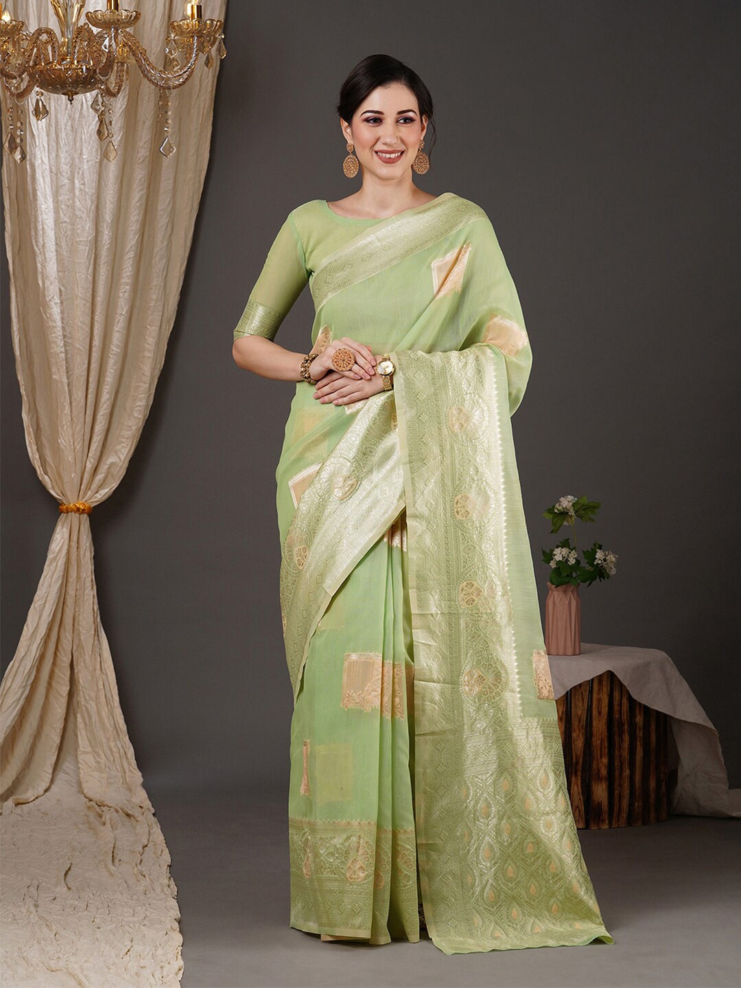 

Anouk Green & Gold Toned Floral Woven Design Zari Banarasi Saree
