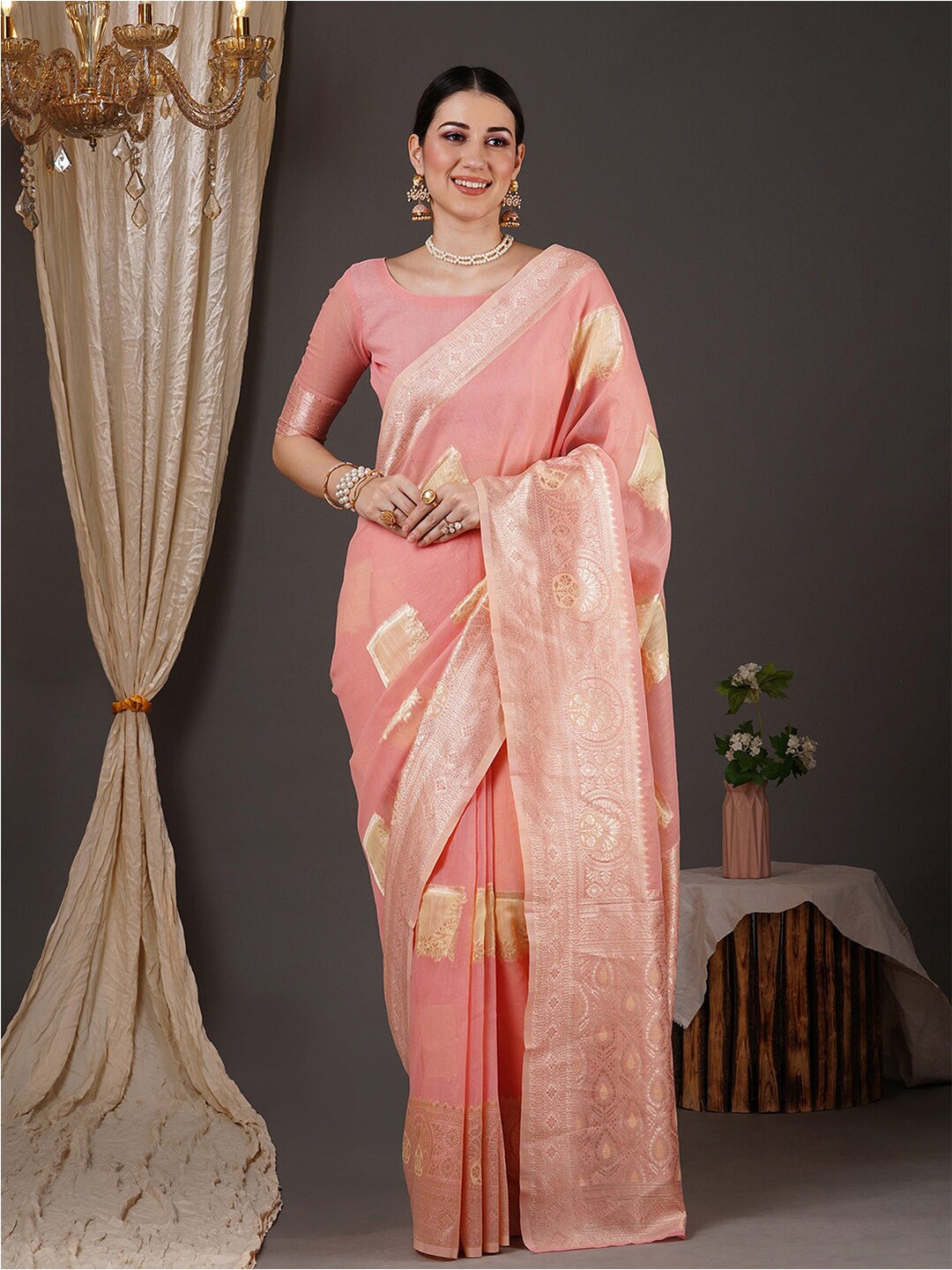 

Anouk Pink & Gold Toned Floral Woven Design Zari Banarasi Saree