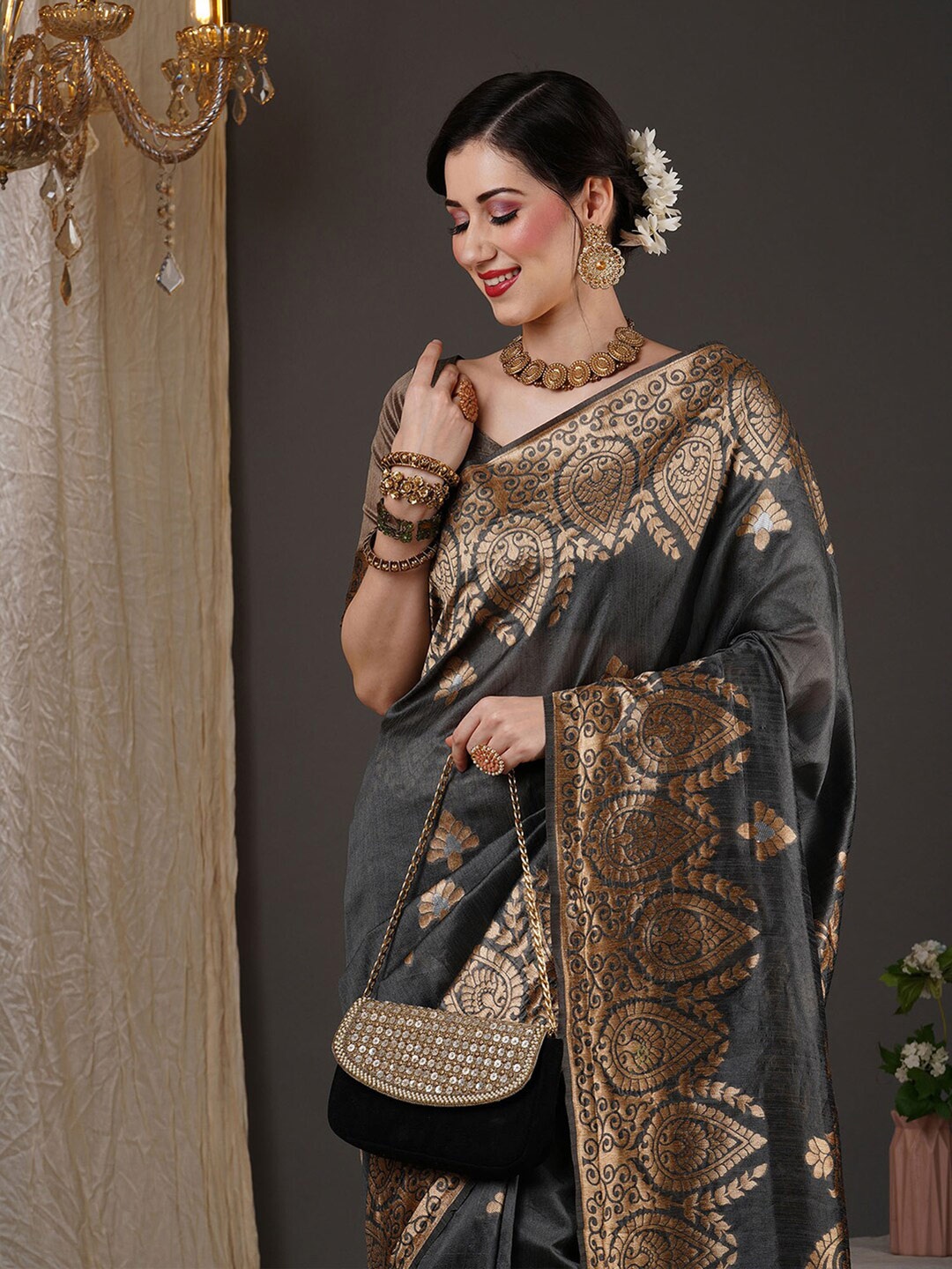 

Anouk Grey & Gold-Toned Ethnic Woven Design Zari Cotton Silk Banarasi Saree