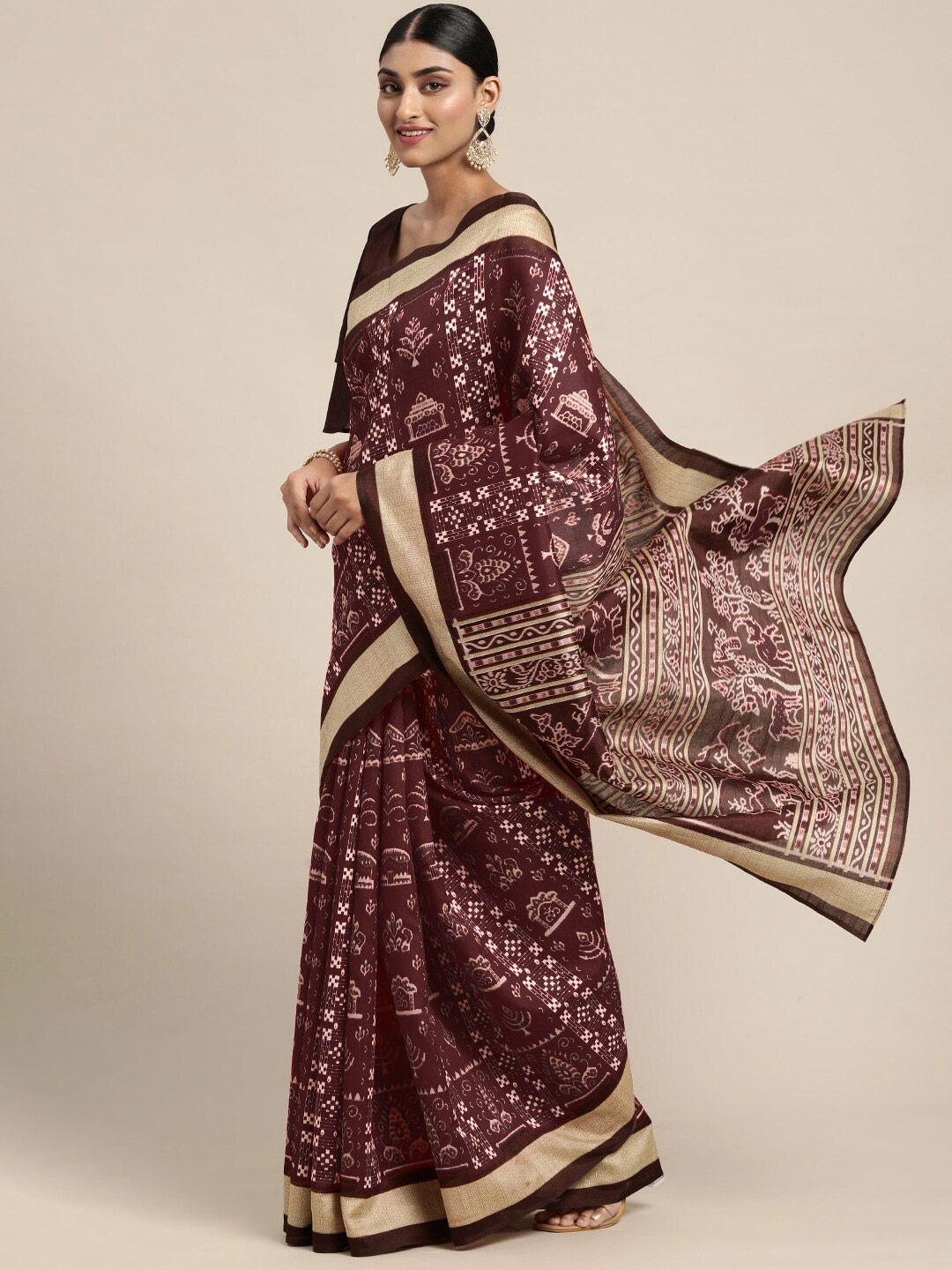 

Anouk Rustic Brown & White Warli Printed Sambalpuri Saree