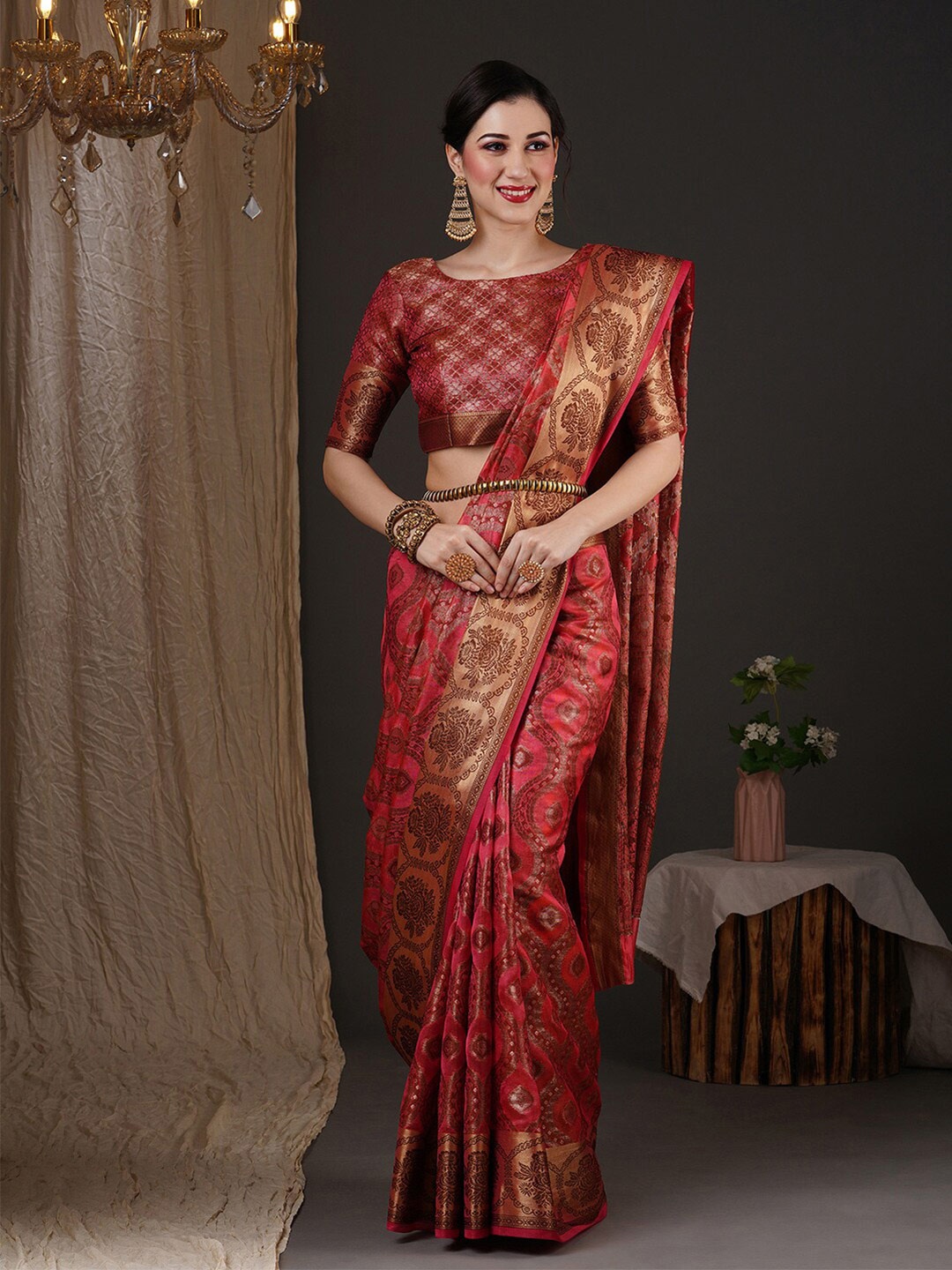 

Anouk Ethnic Motifs Woven Design Zari Organza Banarasi Saree, Pink