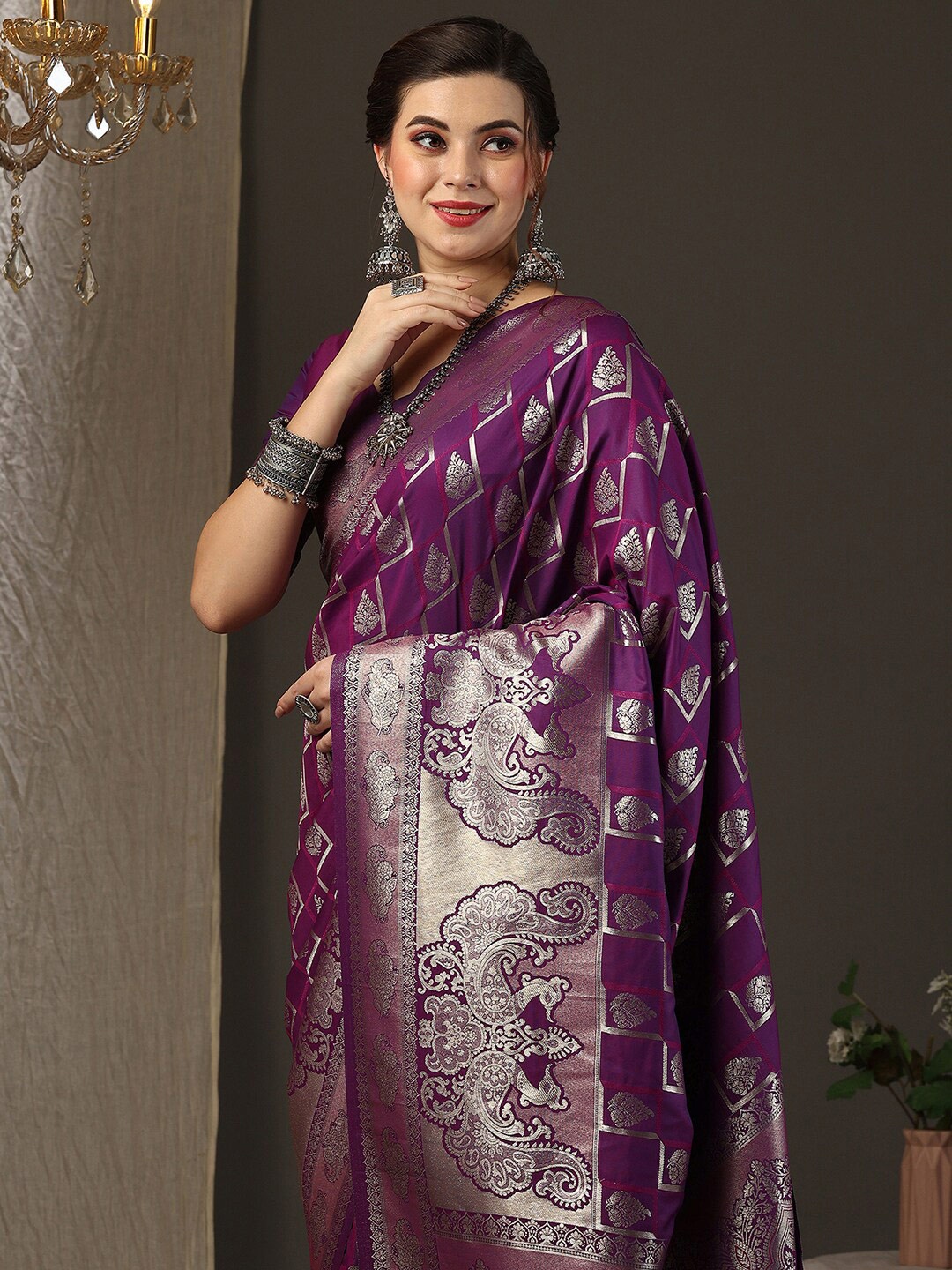 

Anouk Purple & Gold Toned Floral Woven Design Zari Kanjeevaram Saree