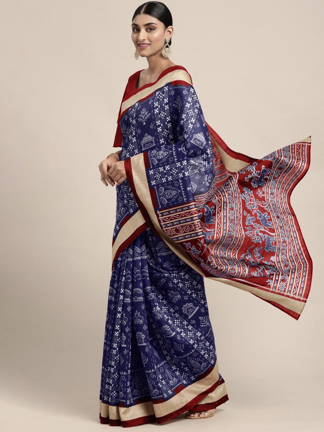 

Anouk Rustic Navy Blue & Maroon Ethinic Motifs Zari Warli Sambalpuri Saree