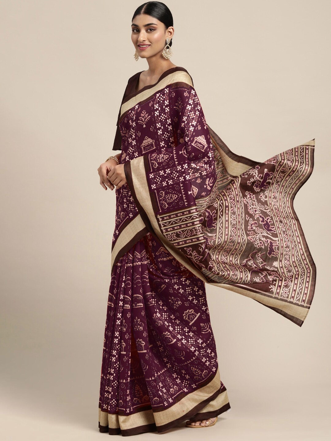 

Anouk Rustic Burgundy & Gold-Toned Ethnic Motifs Printed Bhagalpuri Saree