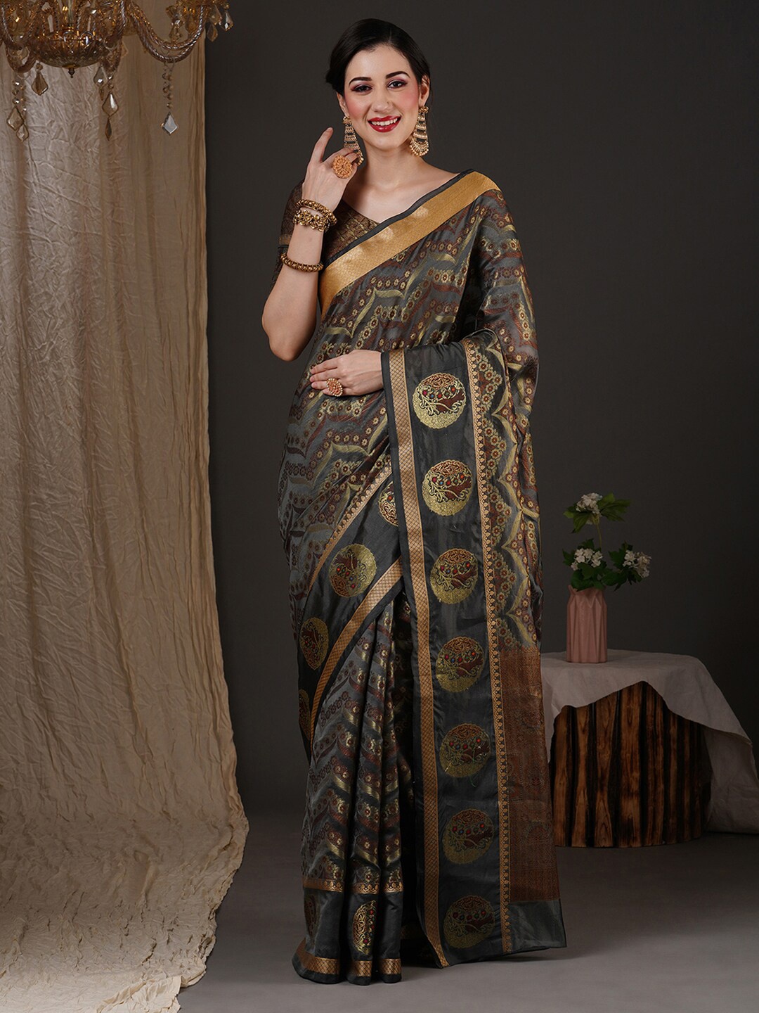 

Anouk Grey & Gold Toned Floral Woven Design Zari Organza Banarasi Saree