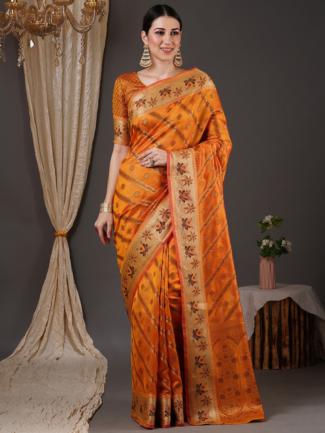 

Anouk Ethnic Motif Organza Banarasi Zari Saree With Blouse Piece, Mustard