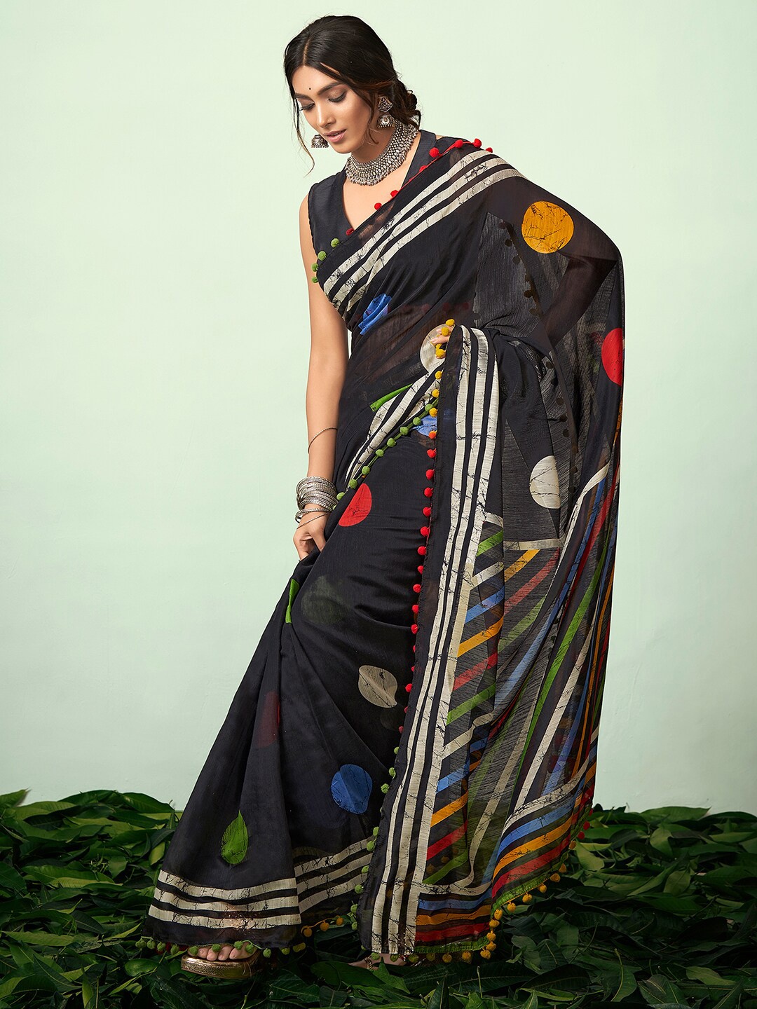 

Anouk Black Ans Blue Geometric Printed Saree