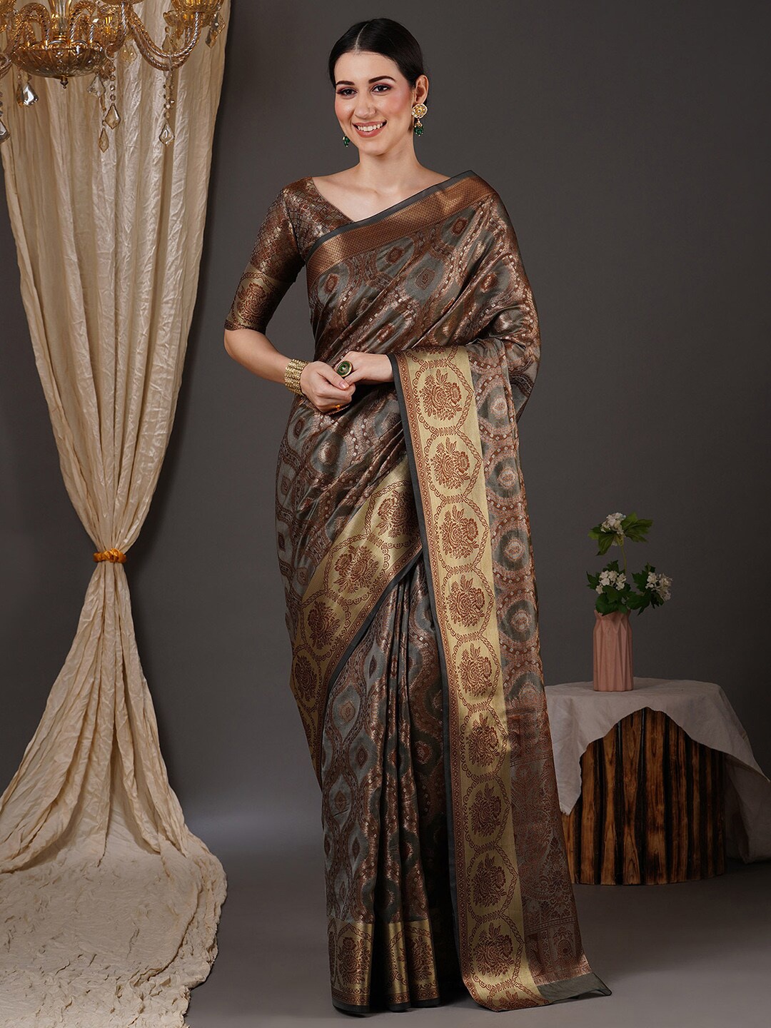 

Anouk Grey & Copper-Toned Ethnic Motifs Woven Design Zari Organza Banarasi Saree