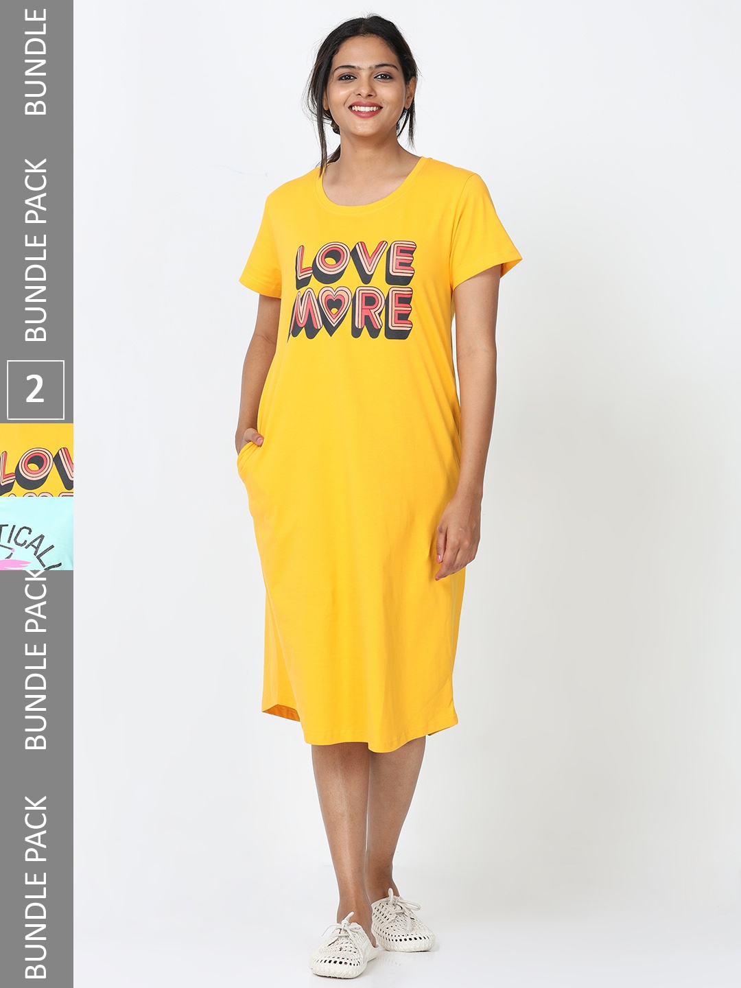

9shines Label Pack Of 2 Typography Printed Pure Cotton Nightdress, Yellow