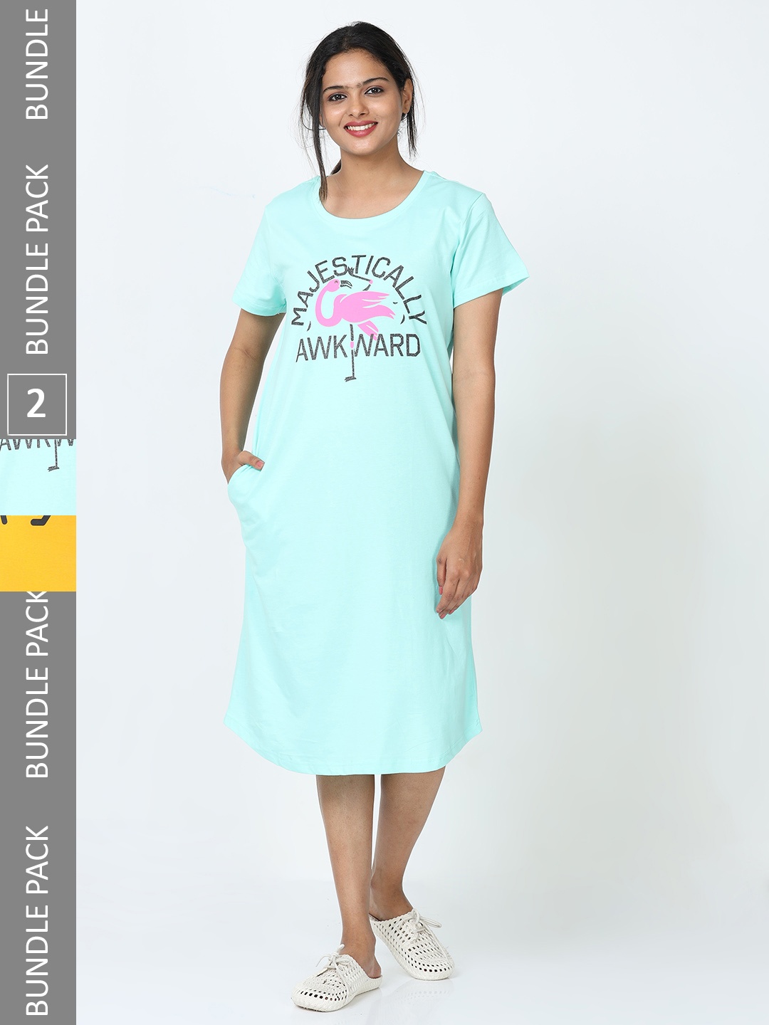 

9shines Label Pack Of 2 Typography Printed Pure Cotton Nightdress, Blue
