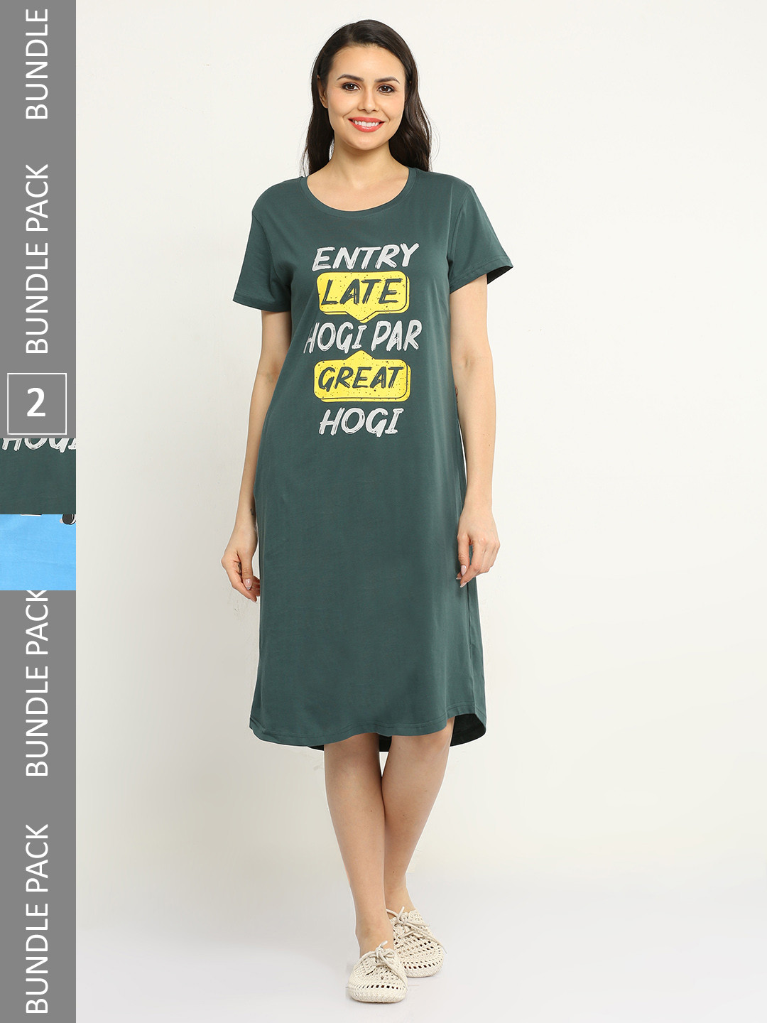 

9shines Label Pack Of 2 Typography Printed Pure Cotton Nightdress, Blue