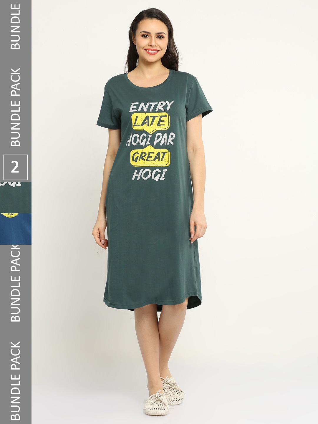 

9shines Label Pack Of 2 Typography Printed Pure Cotton Nightdress, Green