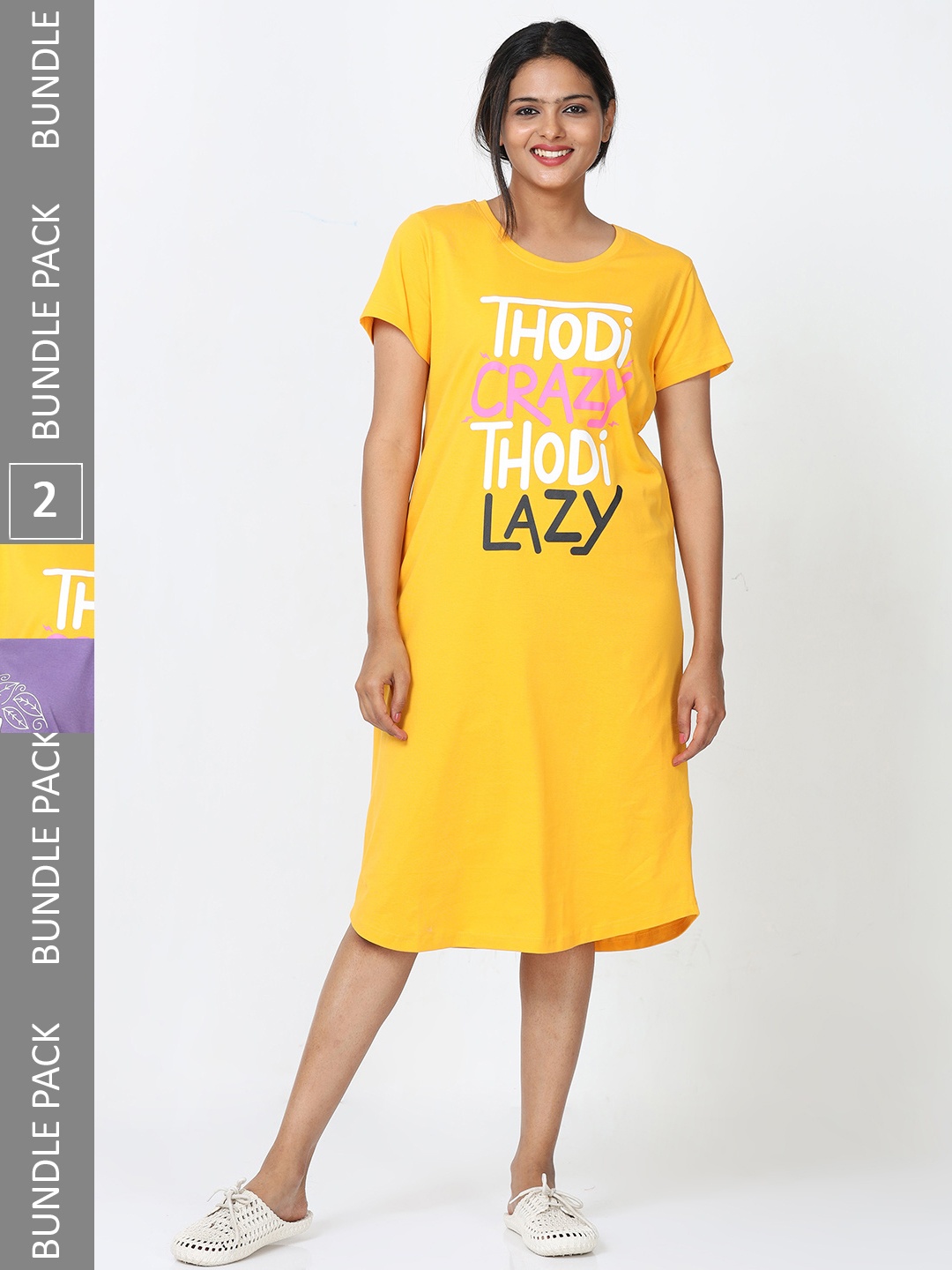 

9shines Label Pack Of 2 Typography Printed Pure Cotton Nightdress, Yellow
