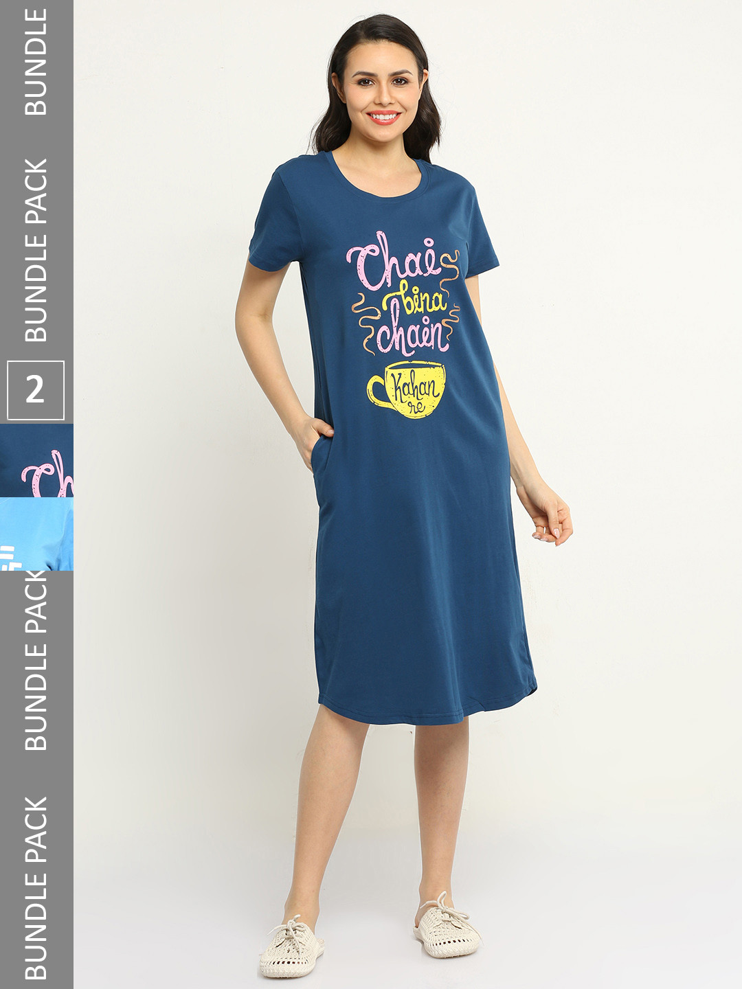 

9shines Label Pack Of 2 Typography Printed Pure Cotton Nightdress, Blue