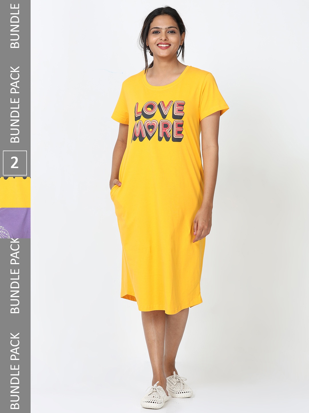 

9shines Label Pack Of 2 Typography Printed Pure Cotton Nightdress, Yellow