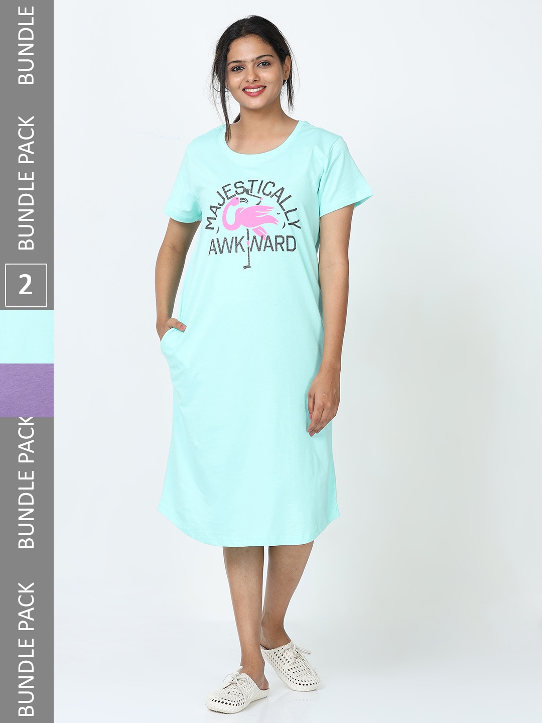 

9shines Label Pack Of 2 Typography Printed Pure Cotton Nightdress, Blue