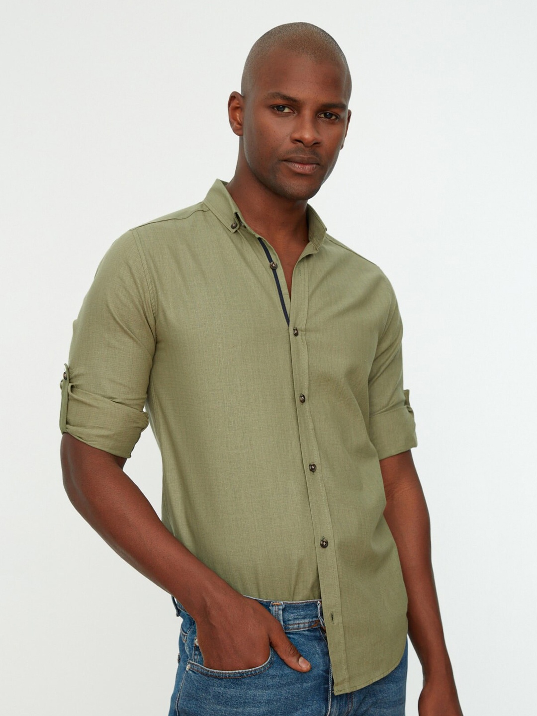 

Trendyol Button-Down Collar Roll-Up Sleeves Casual Shirt, Green