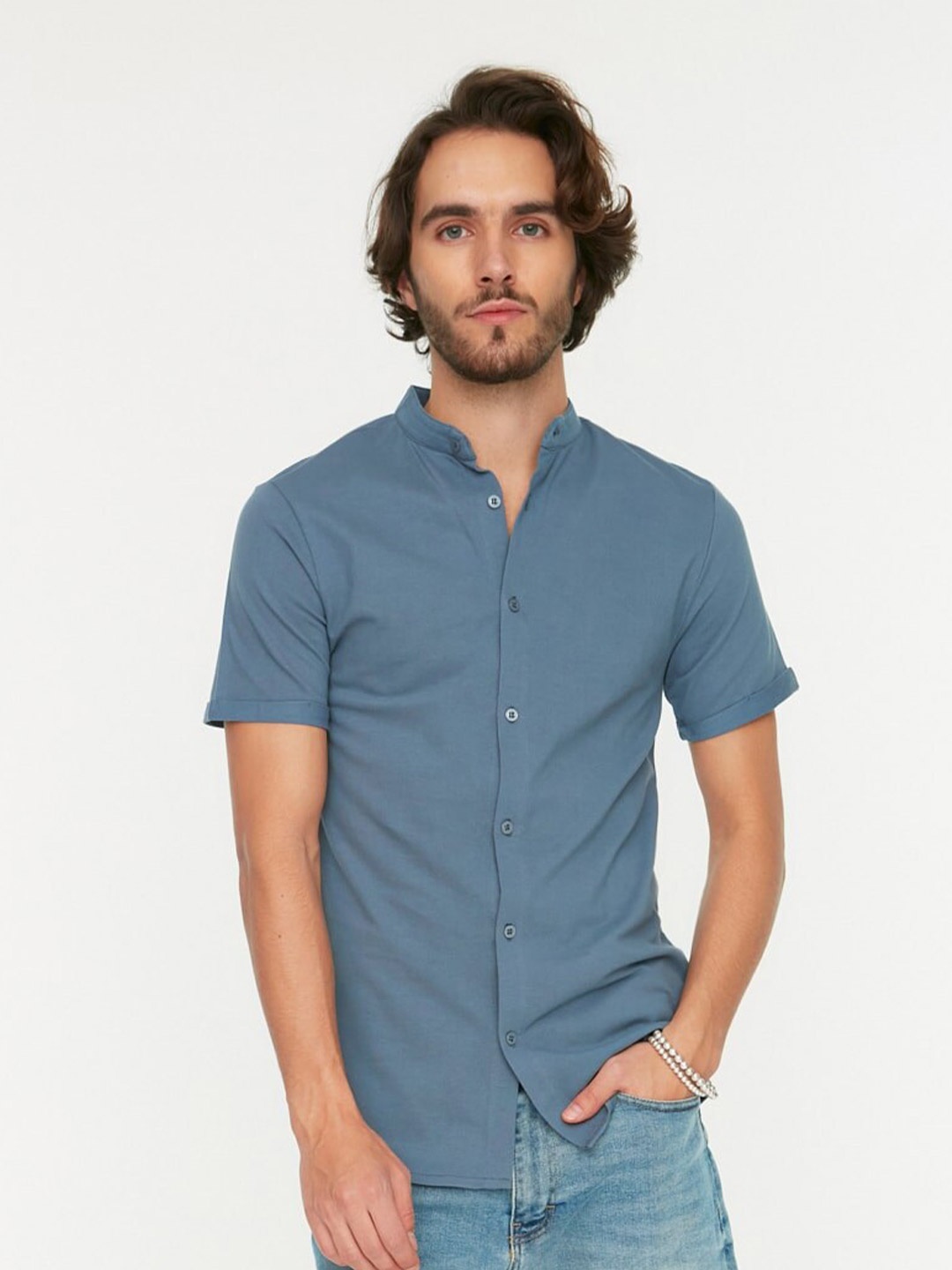 

Trendyol Band Collar Pure Cotton Casual Shirt, Blue