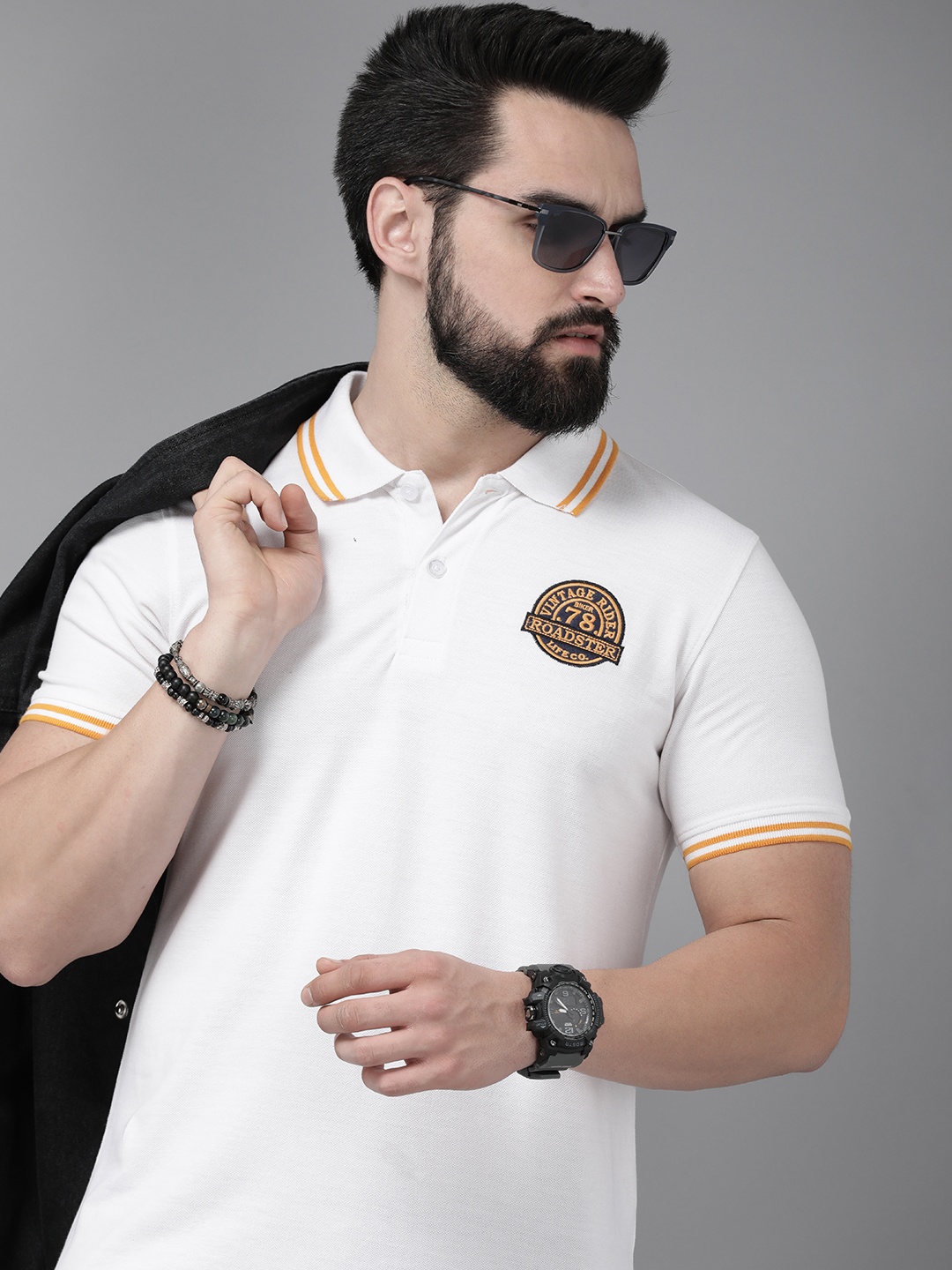 

Roadster Men White & Yellow Polo Collar T-shirt