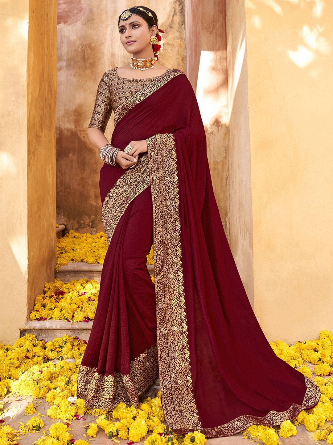 

Satrani Maroon & Gold Toned Woven Design Zari Saree