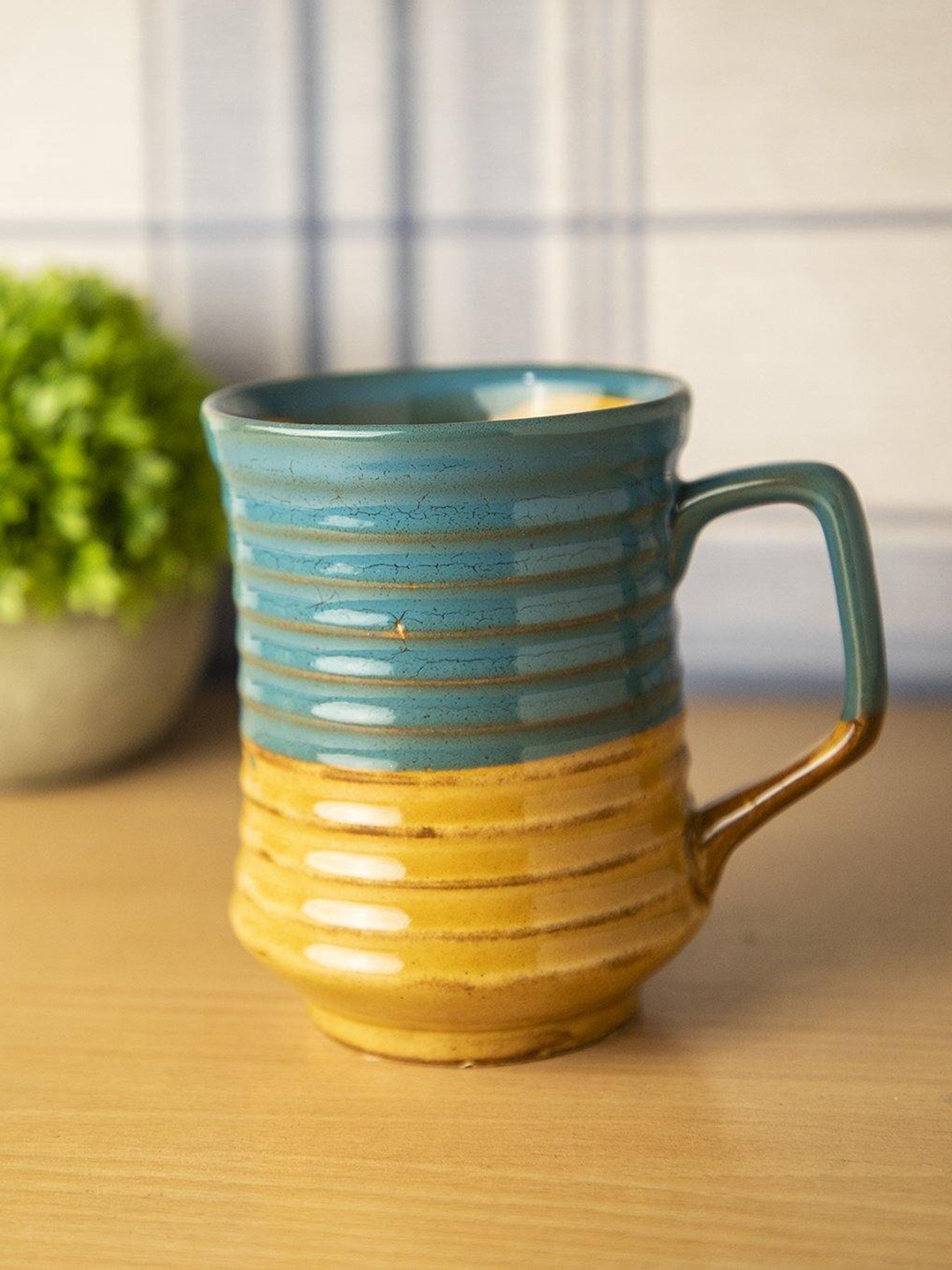 

MARKET99 Studio Pottery Blue & Mustard Textured Ceramic Glossy Coffee Mug 380 ml