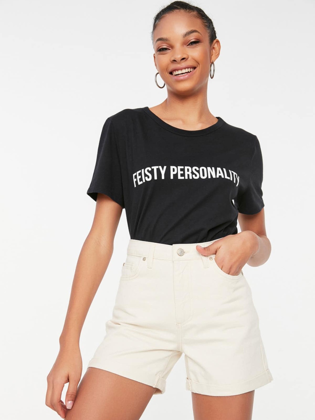 

Trendyol Women High-Rise Cotton Denim Shorts, Off white