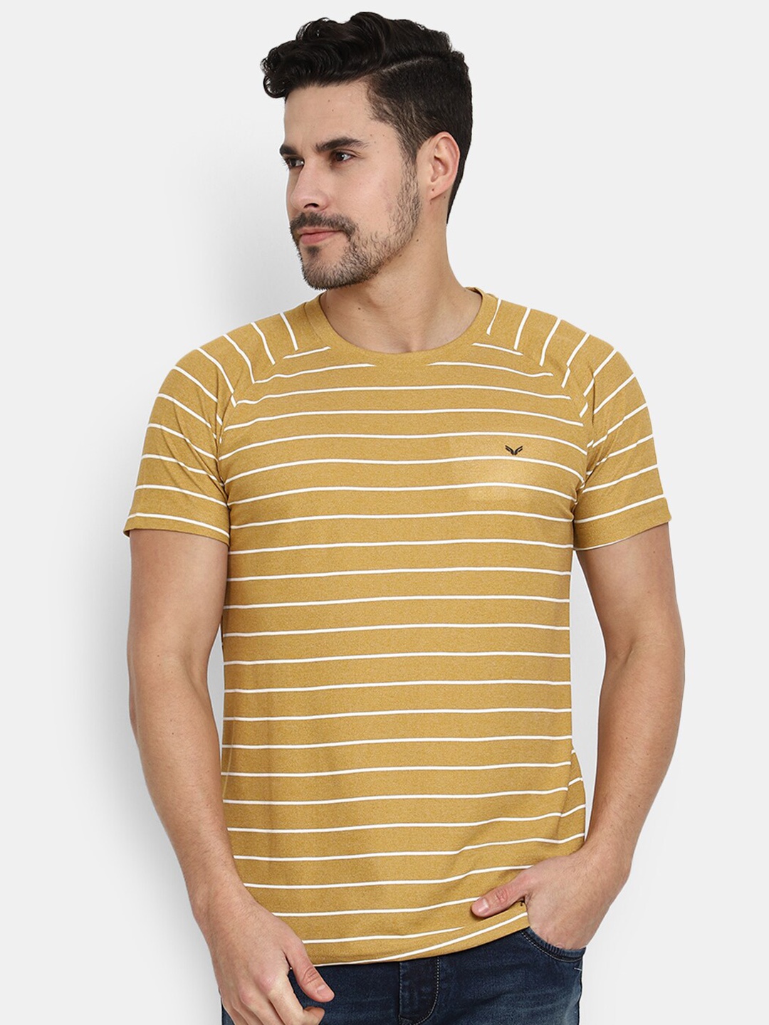 

V-Mart Slim Fit Striped Raglan Sleeves Cotton T-shirt, Brown