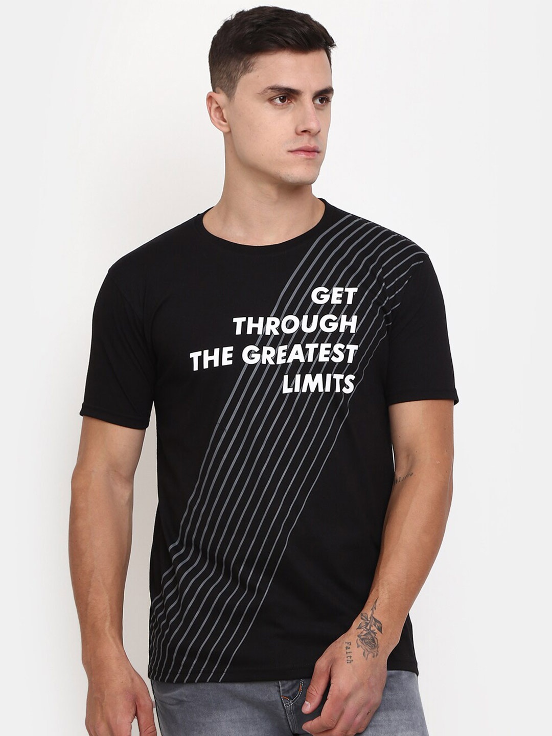 

V-Mart Typography Printed And Striped Cotton T-shirt, Black