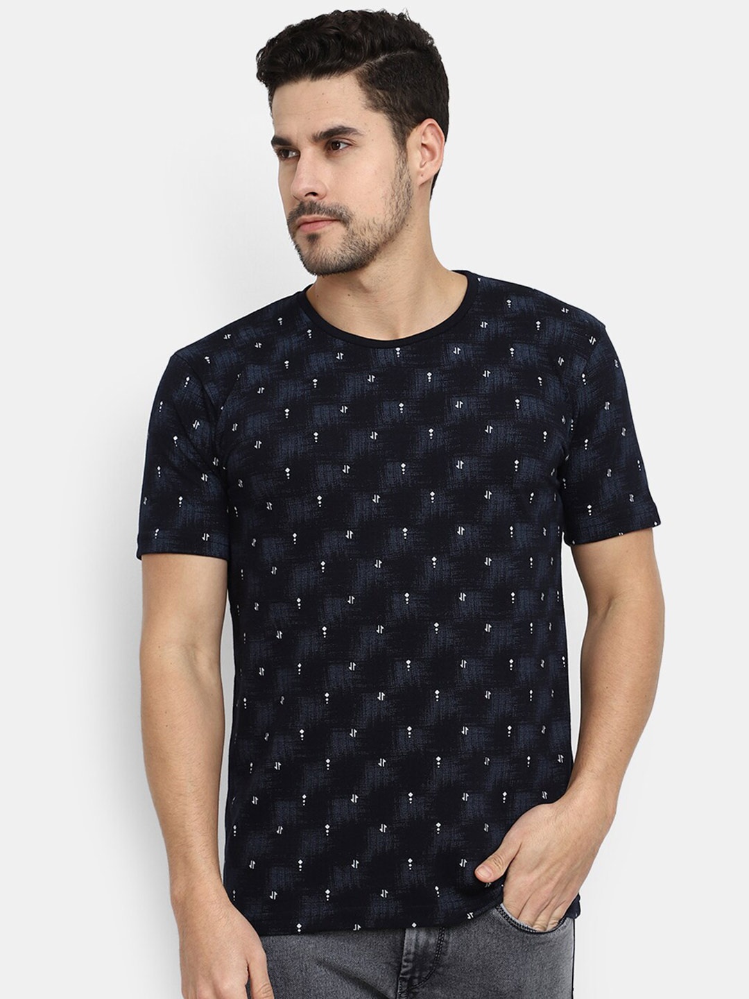 

V-Mart Micro-Ditsy Printed Round Neck Short Sleeves Cotton T-Shirt, Black