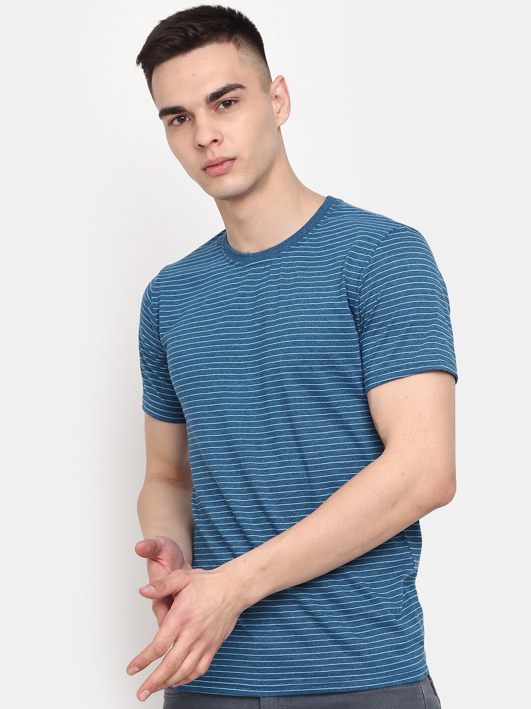

V-Mart Striped Slim Fit Cotton T-shirt, Blue