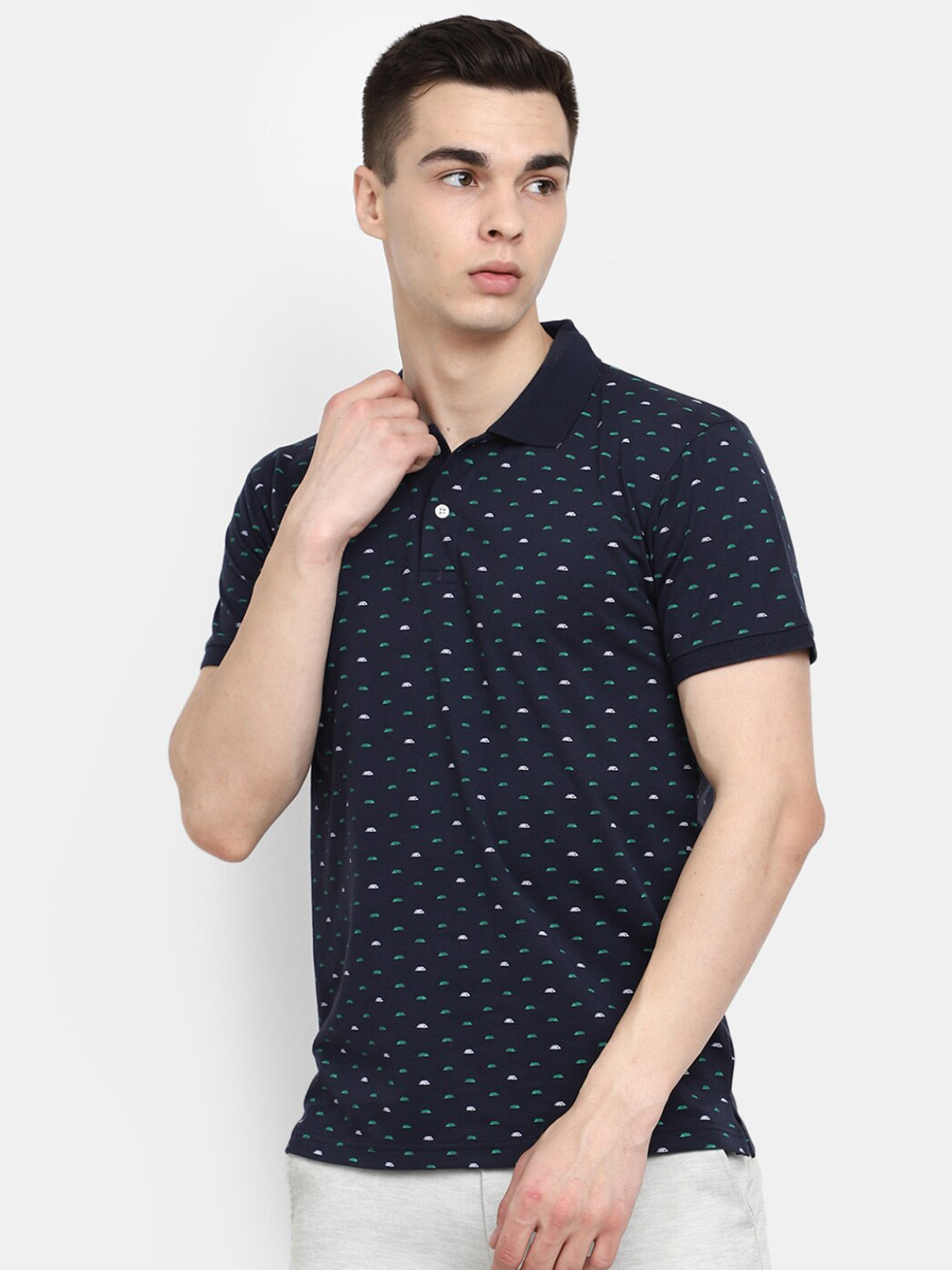 

V-Mart Micro And Ditsy Printed Polo Collar Cotton T-shirt, Navy blue